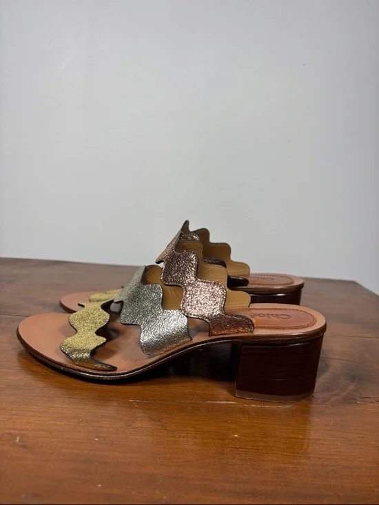 Chloé Metallic Wave Strap Leather Slide Heels Sandals Woman Size 37 earthy Tone - Picture 14 of 16